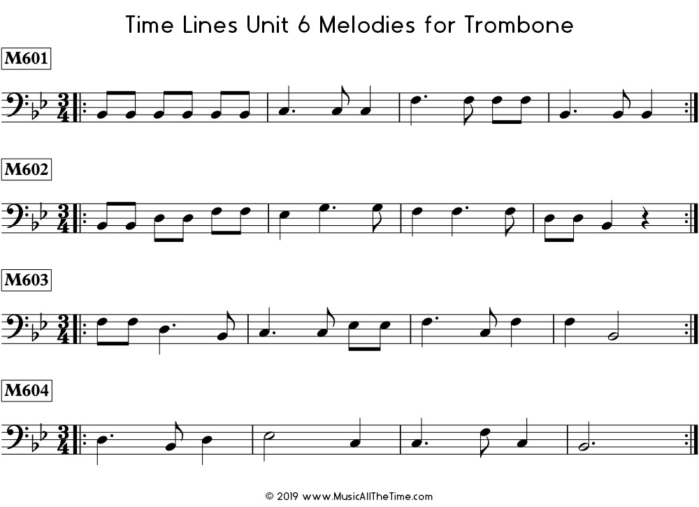 Time Lines Melodies for trombone with dotted quarter notes.