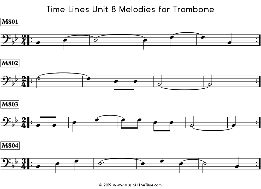 Time Lines Melodies for trombone with ties over measure lines.