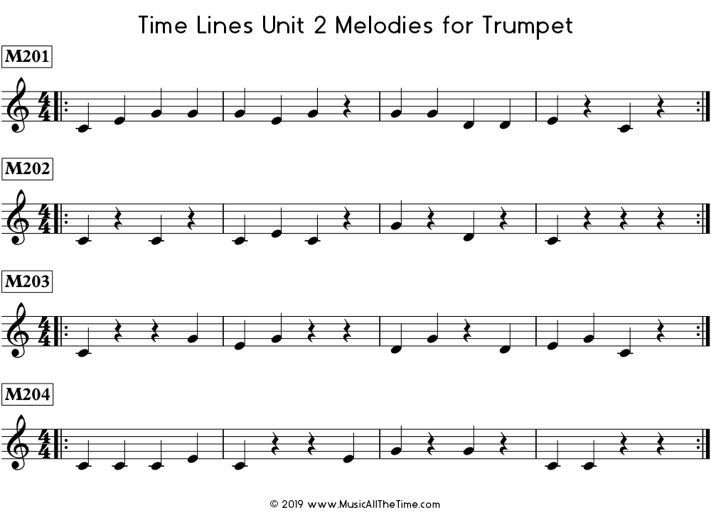 Time Lines Melodies for trumpet with quarter notes and quarter rests in 4/4 time signature.
