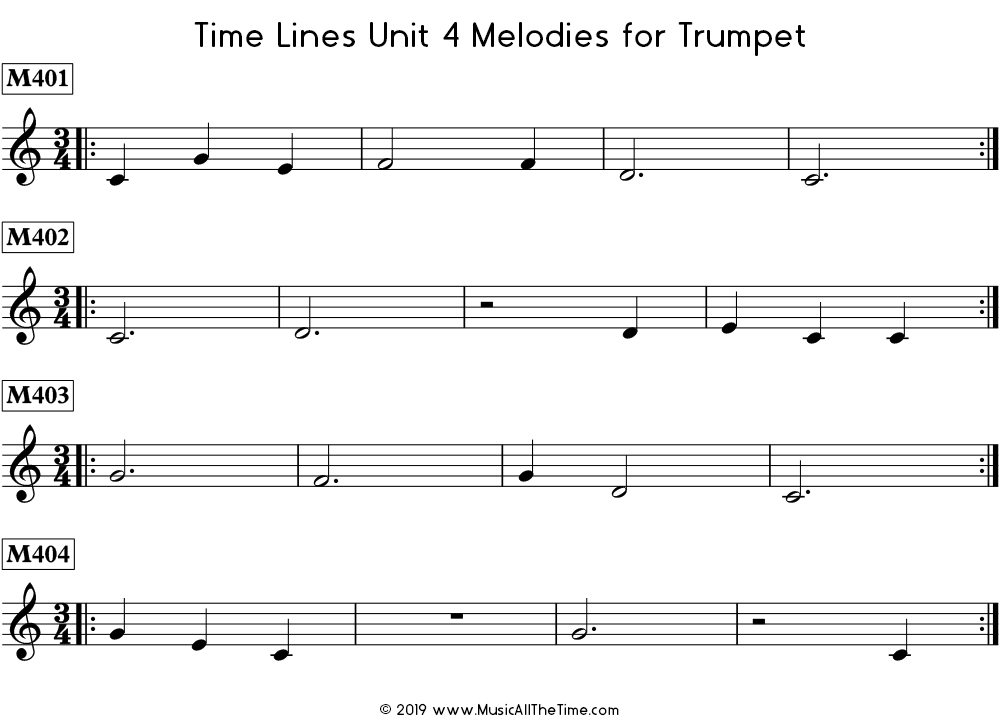 Time Lines Melodies for trumpet with dotted half notes, whole notes, and whole rests.