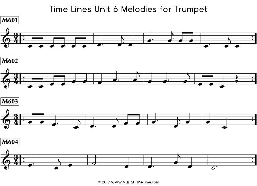 Time Lines Melodies for trumpet with dotted quarter notes.