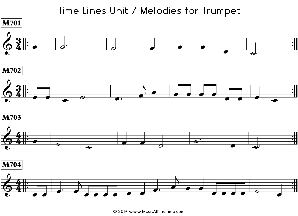 Time Lines Melodies for trumpet with pickup notes.