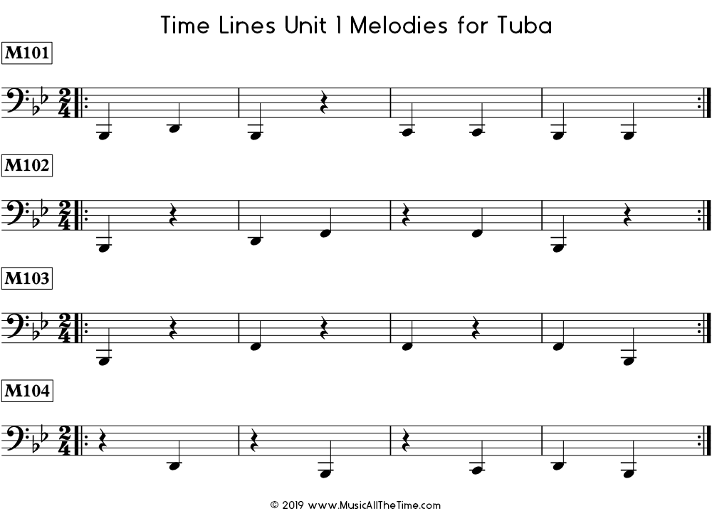 Time Lines Melodies for tuba with quarter notes and quarter rests in 2/4 and 3/4 time signatures.