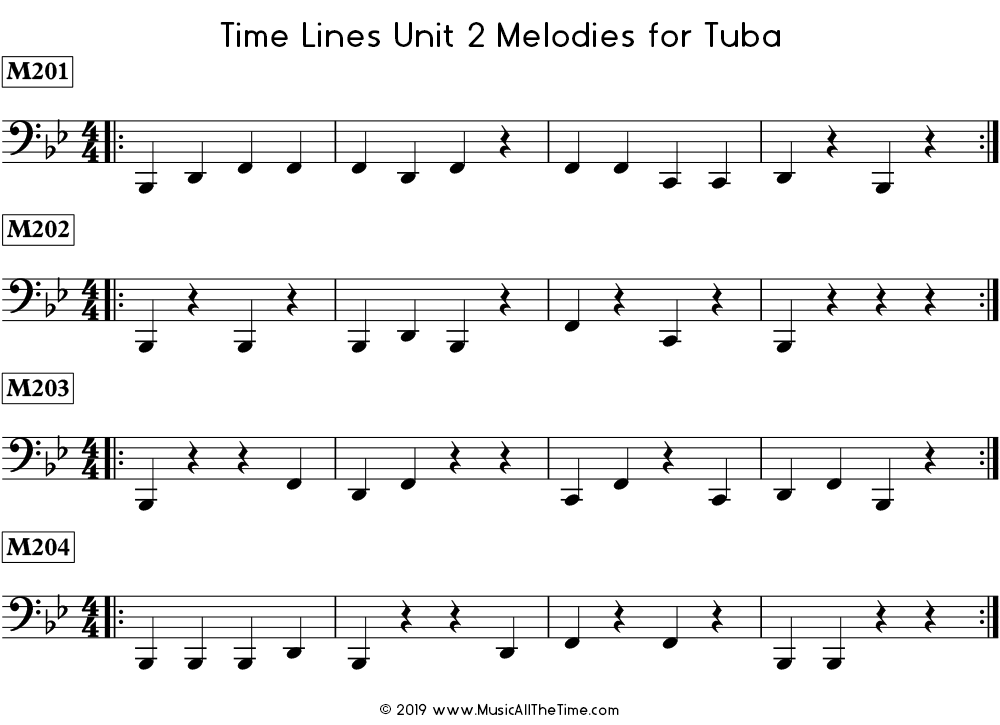 Time Lines Melodies for tuba with quarter notes and quarter rests in 4/4 time signature.