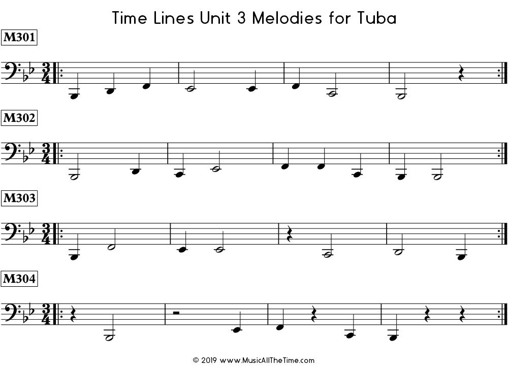 Time Lines Melodies for tuba with half notes and half rests.