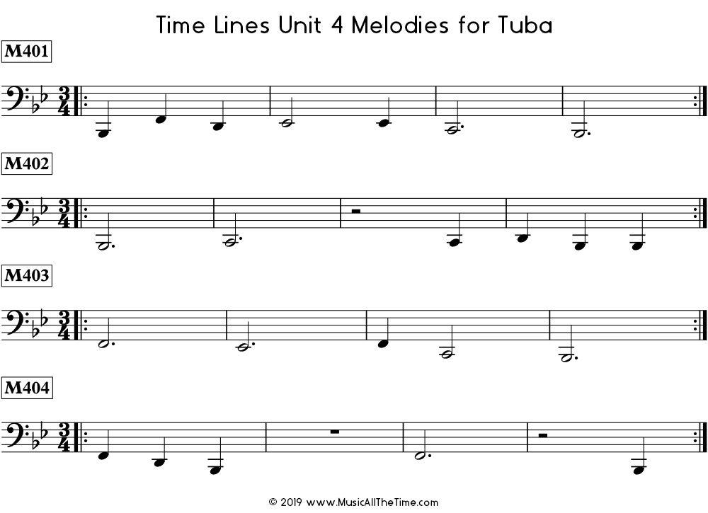 Time Lines Melodies for tuba with dotted half notes, whole notes, and whole rests.