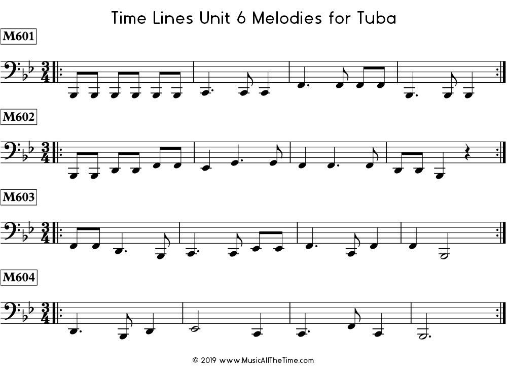 Time Lines Melodies for tuba with dotted quarter notes.