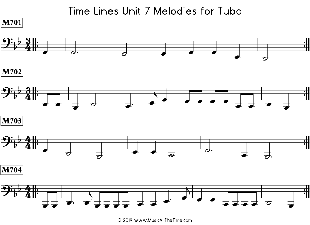 Time Lines Melodies for tuba with pickup notes.