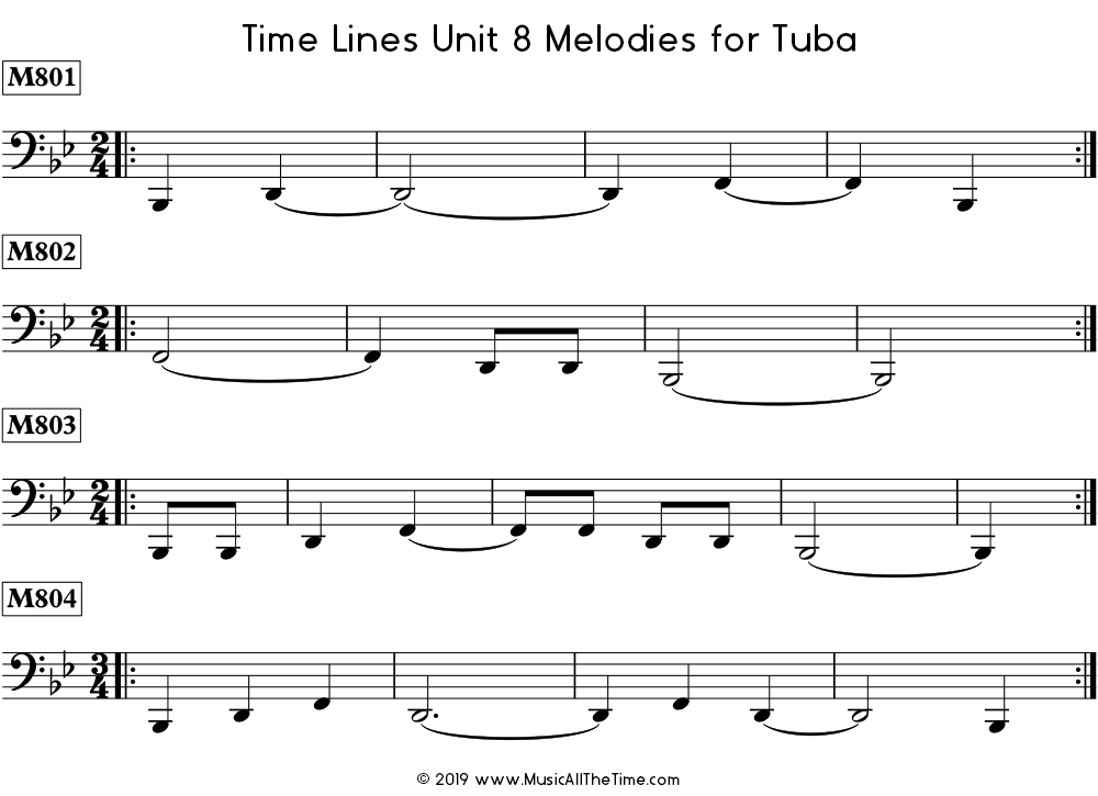 Time Lines Melodies for tuba with ties over measure lines.