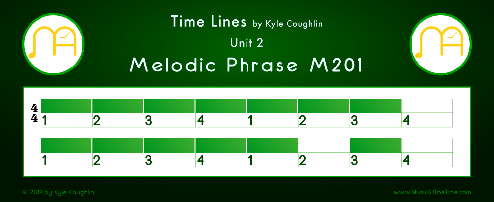 Time Lines Color Blocks for Melody M201, showing the relative length and placement of each note and rest.