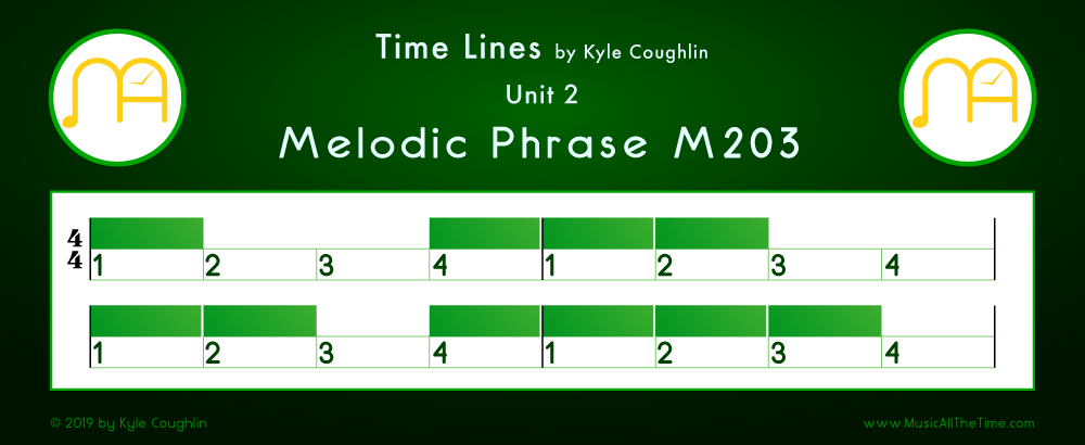 Time Lines Color Blocks for Melody M203, showing the relative length and placement of each note and rest.