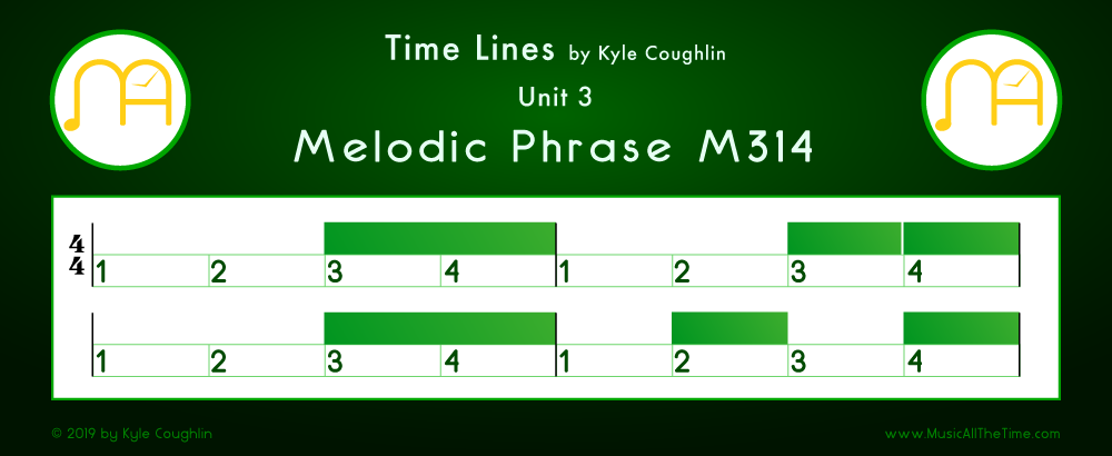 Time Lines Color Blocks for Melody M314, showing the relative length and placement of each note and rest.