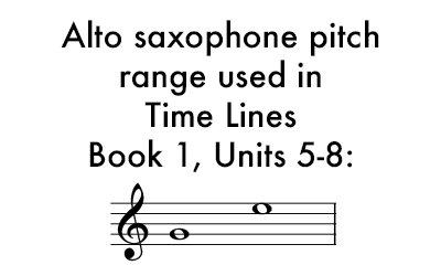Time Lines Book 1 for Alto Saxophone Units 5-8 uses a range of G in the staff to E in the staff.