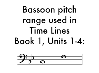 Time Lines Book 1 for Bassoon Units 1-4 uses a range of B flat in the staff to F in the staff.