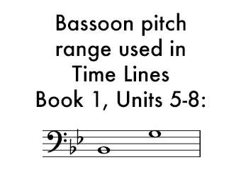Time Lines Book 1 for Bassoon Units 5-8 uses a range of B flat in the staff to G in the staff.