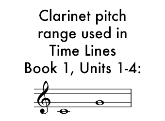 Time Lines Book 1 for Clarinet Units 1-4 uses a range of C below the staff to G in the staff.