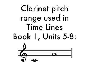 Time Lines Book 1 for Clarinet Units 5-8 uses a range of C below the staff to A in the staff..