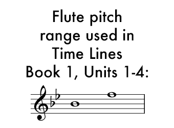 Time Lines Book 1 for Flute Units 1-4 uses a range of B flat in the middle of the staff to F on the top staff line.