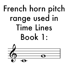 Time Lines Book 1 for French Horn uses a range of C below the staff to G on the second line of the staff.