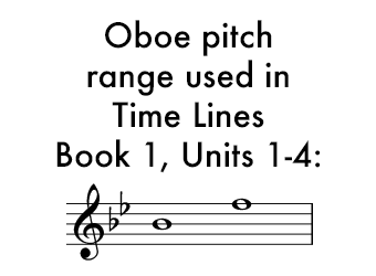 Time Lines Book 1 for Oboe Units 1-4 uses a range of B flat in the middle of the staff to F on the top staff line.