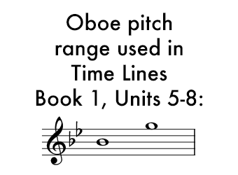 Time Lines Book 1 for Oboe Units 5-8 uses a range of B flat in the middle of the staff to G on top of the staff.