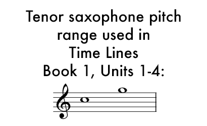 Time Lines Book 1 for Tenor Saxophone Units 1-4 uses a range of C in the staff to G above the staff.