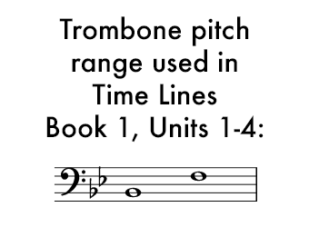 Time Lines Book 1 for Trombone Units 1-4 uses a range of B flat in the staff to F in the staff.