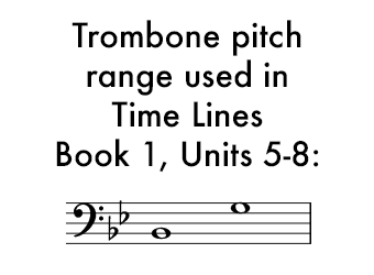 Time Lines Book 1 for Trombone Units 5-8 uses a range of B flat in the staff to G in the staff.