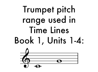 Time Lines Book 1 for Trumpet Units 1-4 uses a range of C below the staff to G in the staff.