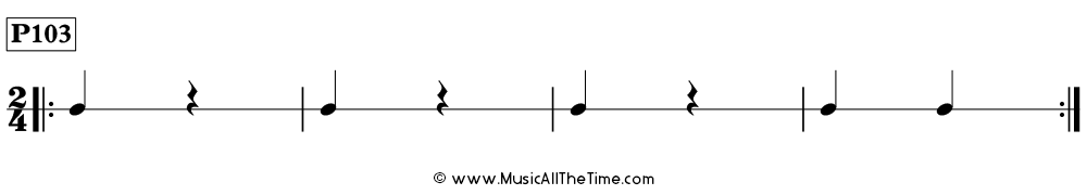 Rhythm pattern with quarter notes and quarter rests in 2/4, Time Lines P103