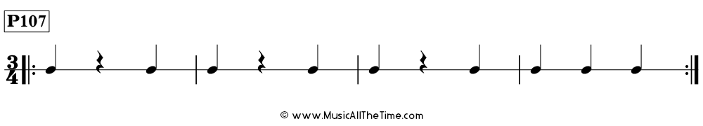 Rhythm pattern with quarter notes and quarter rests in 3/4, Time Lines P107