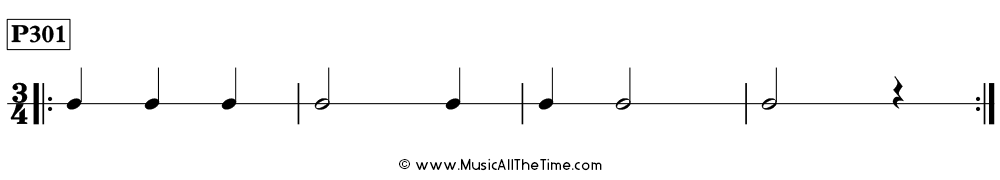 Rhythm pattern with half notes and quarter notes and rests in 3/4, Time Lines P301