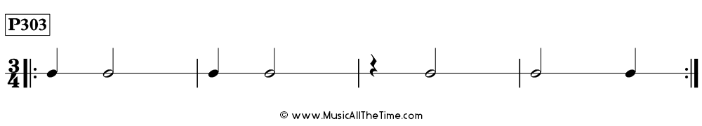 Rhythm pattern with half notes and quarter notes and rests in 3/4, Time Lines P303