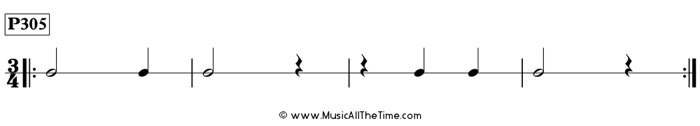 Rhythm pattern with half notes and quarter notes and rests in 3/4, Time Lines P305