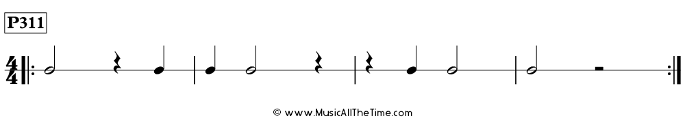 Rhythm pattern with half notes, half rests, and quarter notes and rests in 4/4, Time Lines P311