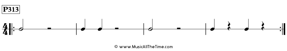 Rhythm pattern with half notes, half rests, and quarter notes and rests in 4/4, Time Lines P313