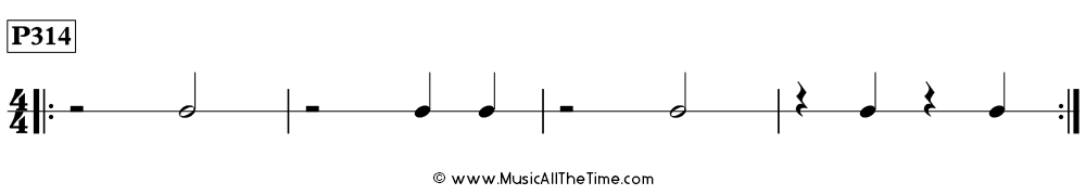 Rhythm pattern with half notes, half rests, and quarter notes and rests in 4/4, Time Lines P314