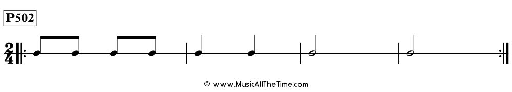 Time Lines Rhythm Pattern P502, with eighth notes, half notes, and quarter notes in 2/4 time.