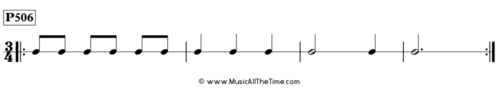 Time Lines Rhythm Pattern P506, with eighth notes, dotted half notes, half notes, and quarter notes in 3/4 time.