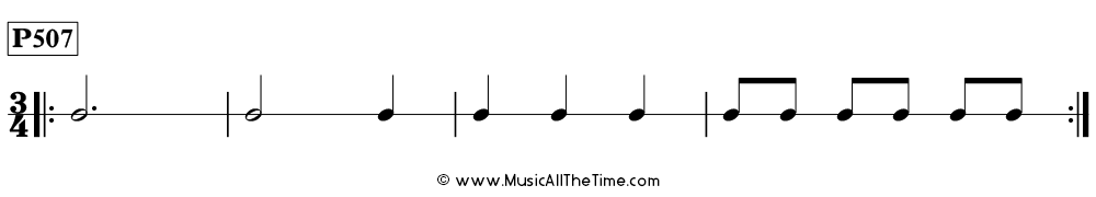 Time Lines Rhythm Pattern P507, with eighth notes, dotted half notes, half notes, and quarter notes in 3/4 time.