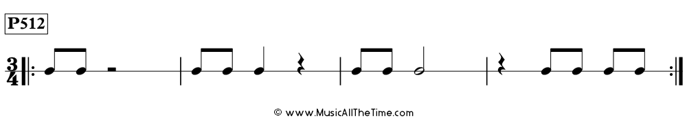 Time Lines Rhythm Pattern P512, with eighth notes, quarter notes, half notes, quarter rests, and half rests in 3/4 time.