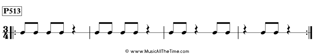 Time Lines Rhythm Pattern P513, with eighth notes and quarter rests in 3/4 time.