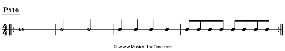Time Lines Rhythm Pattern P516, with eighth notes, whole notes, half notes, and quarter notes in 4/4 time.