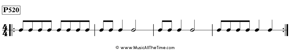 Time Lines Rhythm Pattern P520, with eighth notes, quarter notes, and half notes in 4/4 time.