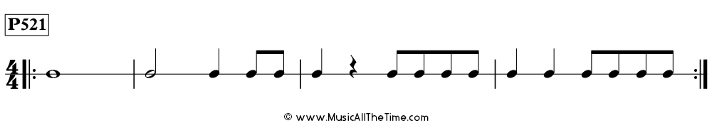 Time Lines Rhythm Pattern P521, with eighth notes, quarter notes, half notes, whole notes, and quarter rests in 4/4 time.