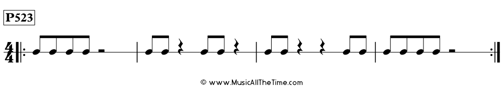 Time Lines Rhythm Pattern P523, with eighth notes, quarter rests, and half rests in 4/4 time.