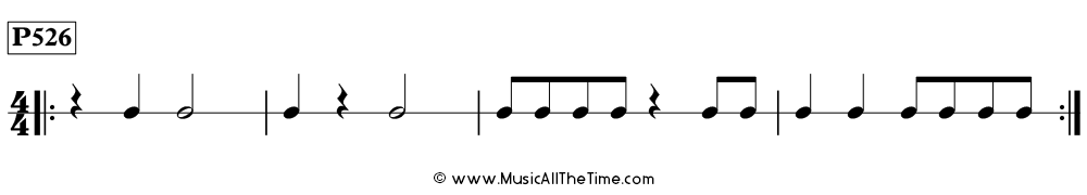 Time Lines Rhythm Pattern P526, with eighth notes, quarter notes, half notes, and quarter rests in 4/4 time.