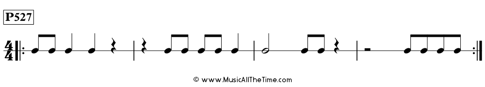Time Lines Rhythm Pattern P527, with eighth notes, quarter notes, half notes, quarter rests, and half rests in 4/4 time.