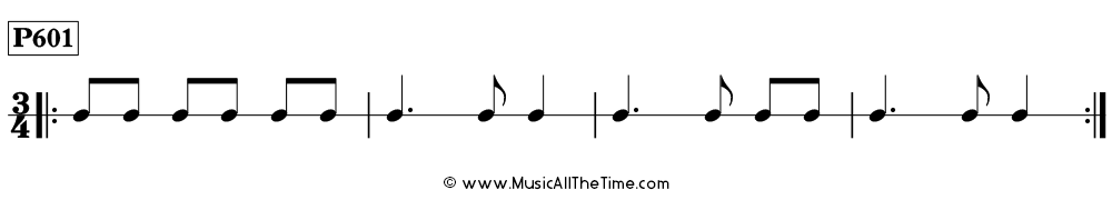 Time Lines Rhythm Pattern P601, with dotted quarter notes and eighth notes in 3/4 time.
