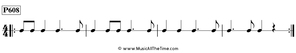 Time Lines Rhythm Pattern P608, with dotted quarter notes and eighth notes in 4/4 time.